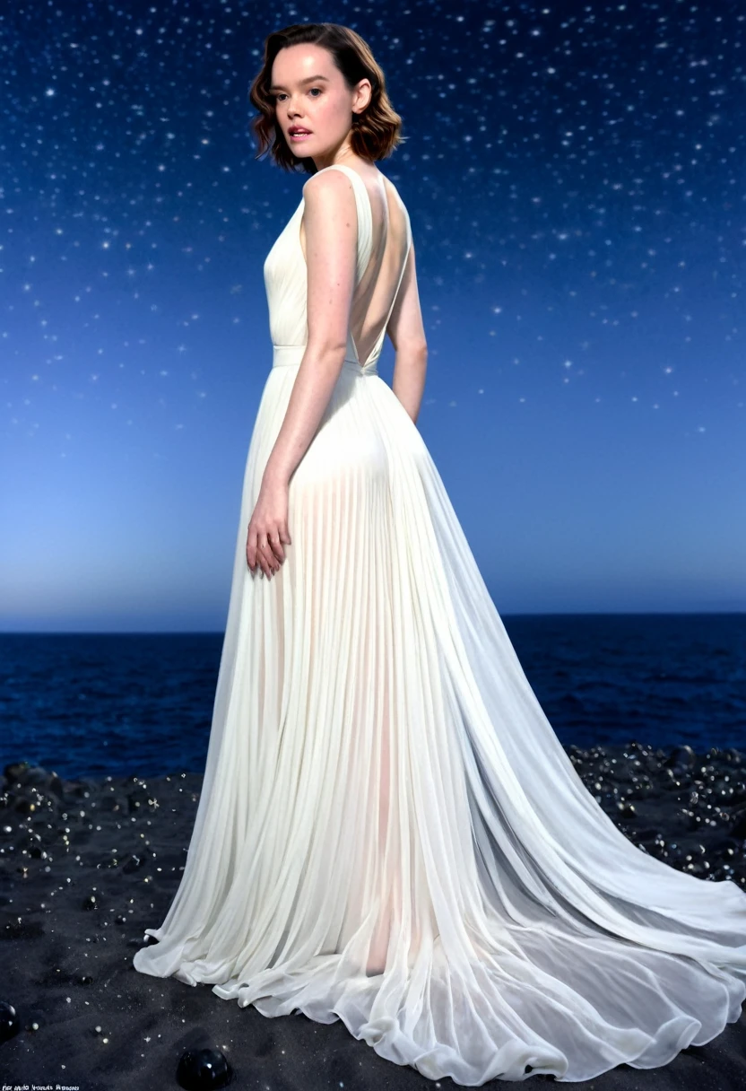 Daisy Ridley (age 25, airy sheer white elegant gown), camera low looking up at her butt and a starry sky, a few tiny space ships fly across the sky, lush ocean world