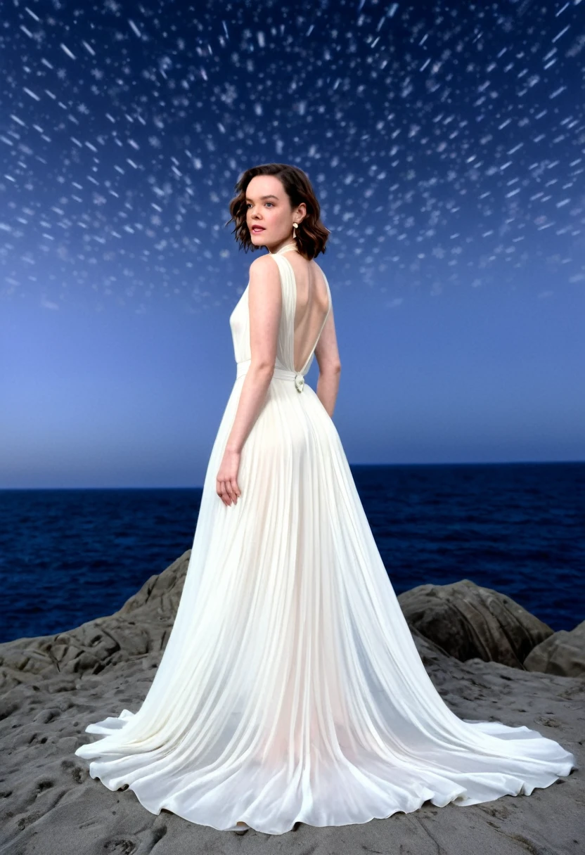Daisy Ridley (age 25, airy sheer white elegant gown), camera low looking up at her butt and a starry sky, a few tiny space ships fly across the sky, lush ocean world