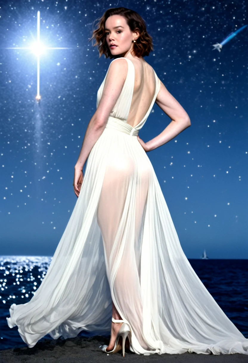 Daisy Ridley (age 25, airy sheer white elegant gown), camera low looking up at her butt and a starry sky, a few tiny space ships fly across the sky, lush ocean world