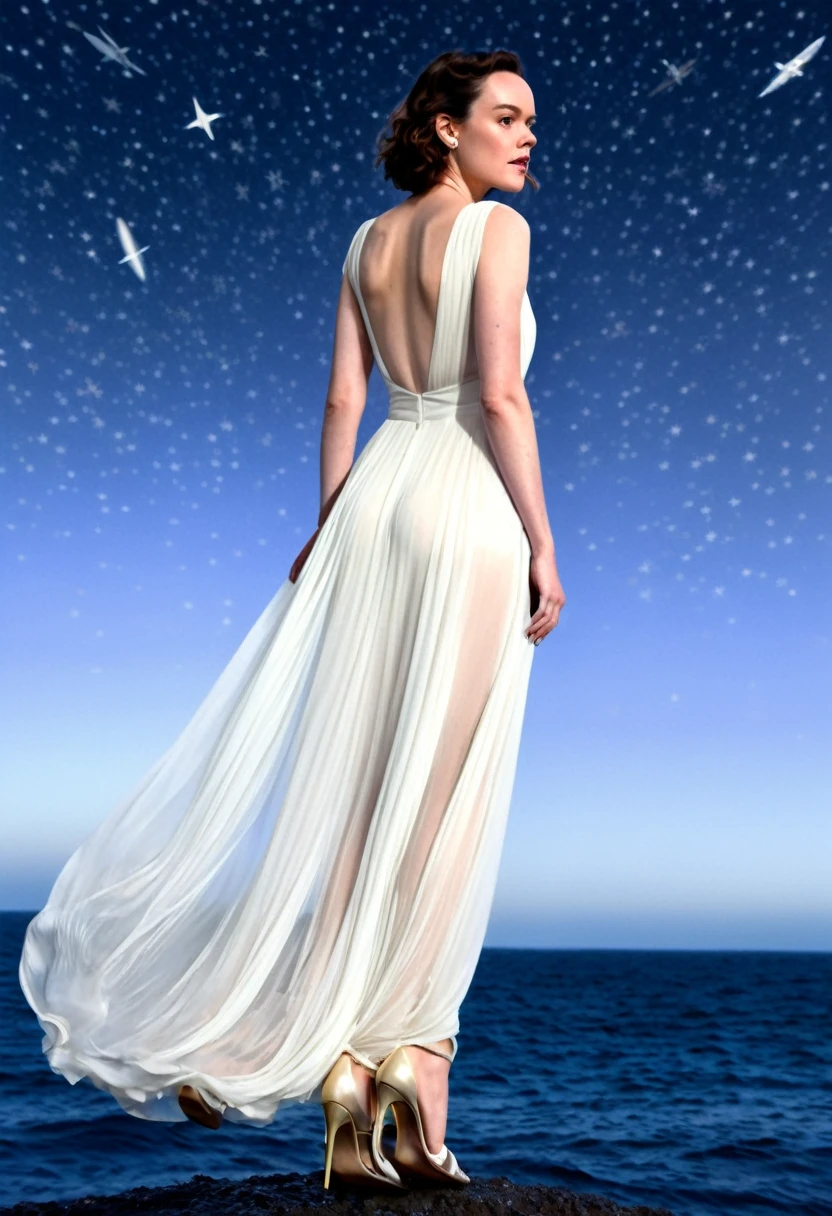 Daisy Ridley (age 25, airy sheer white elegant gown), camera low looking up at her butt and a starry sky, a few tiny space ships fly across the sky, lush ocean world
