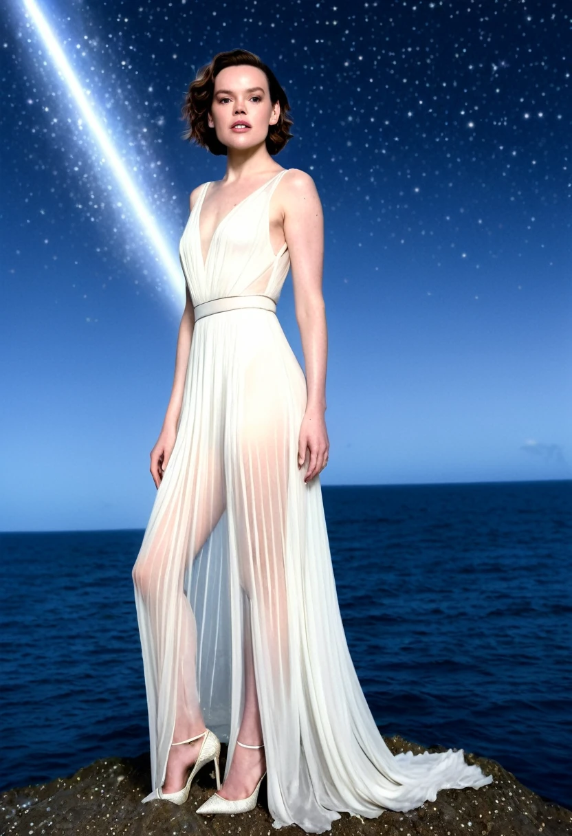 Daisy Ridley (age 25, airy sheer white elegant gown), camera low looking up at her butt and a starry sky, a few tiny space ships fly across the sky, lush ocean world