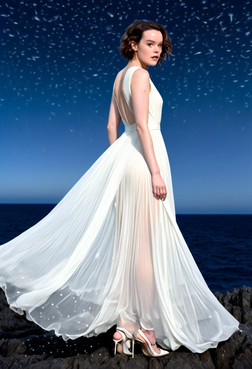 Daisy Ridley (age 25, airy sheer white elegant gown), camera low looking up at her butt and a starry sky, a few tiny space ships fly across the sky, lush ocean world
