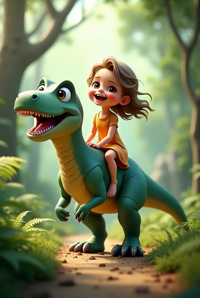 Cute girl riding a dinosaur