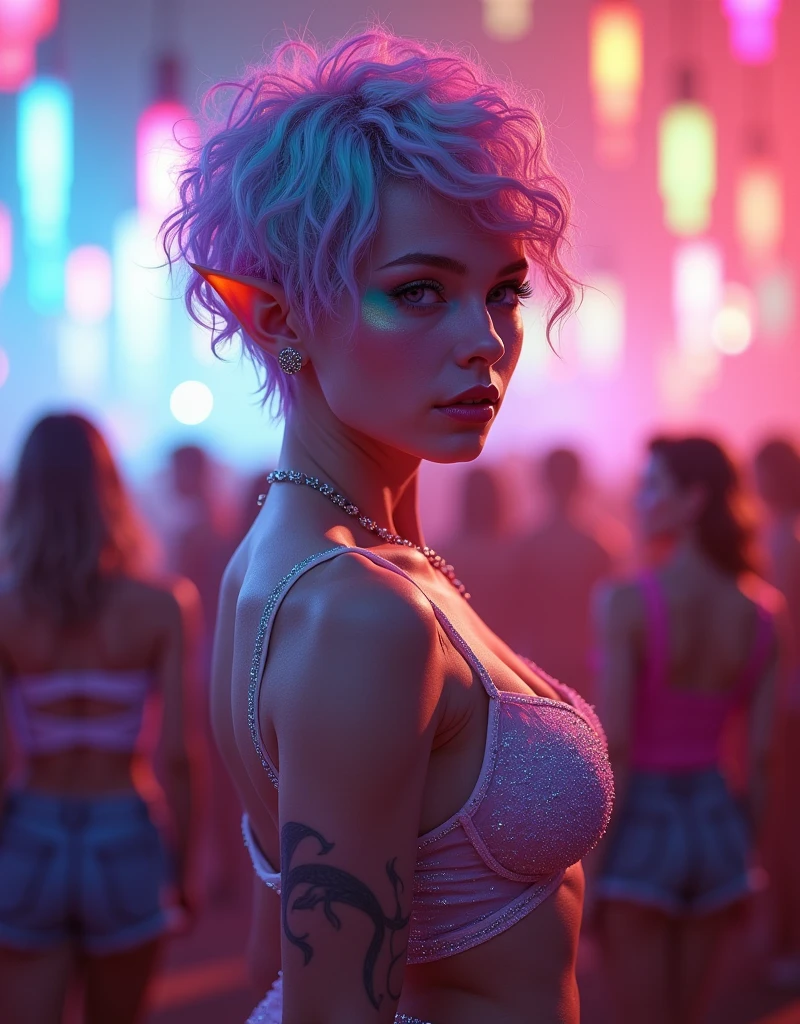 beautiful elf woman with short curly pastel rainbow Pixie haircut at a rave festival, backlit bright fluorescent neon colors, full body pinup, Unreal Engine