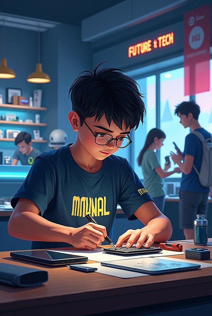 Imagine a bustling scene inside your shop, "Future Tech." The boy wearing the "Minnal" T-shirt is focused on repairing a mobile phone, using tools on a well-lit workbench. Around him, a few customers are standing, observing his work or browsing the latest gadgets displayed in the shop. The atmosphere is dynamic and busy, highlighting the shop's reputation as a go-to place for tech enthusiasts.