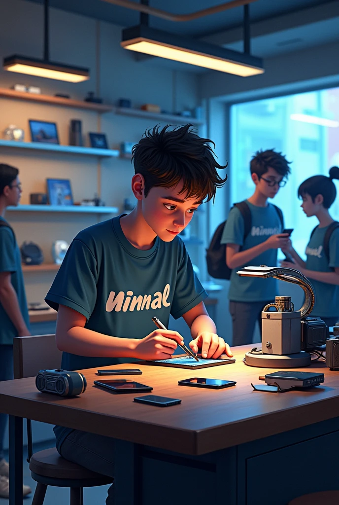 Imagine a bustling scene inside your shop, "Future Tech." The boy wearing the "Minnal" T-shirt is focused on repairing a mobile phone, using tools on a well-lit workbench. Around him, a few customers are standing, observing his work or browsing the latest gadgets displayed in the shop. The atmosphere is dynamic and busy, highlighting the shop's reputation as a go-to place for tech enthusiasts.