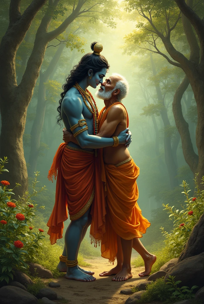 The meeting of Lord Krishna and a Brahmin in the forest, embracing each other and both crying.