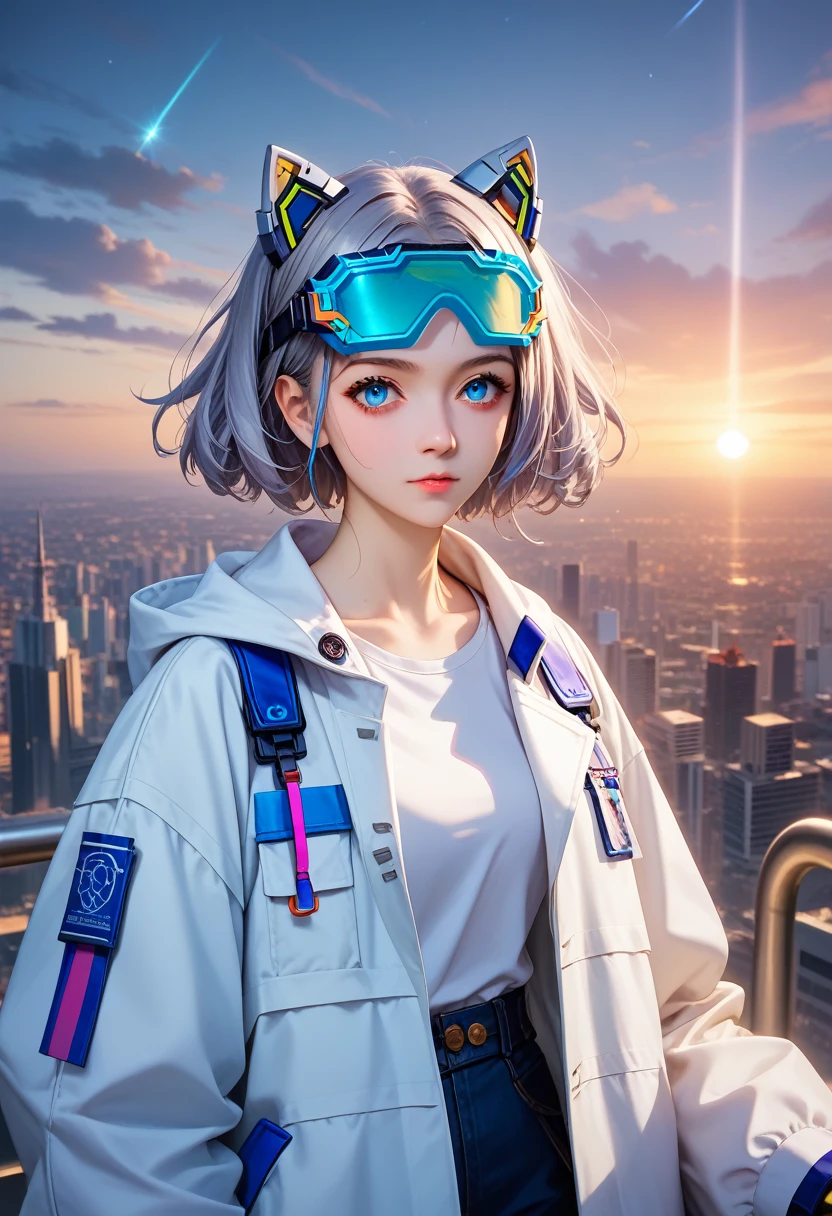 9, score_8_up,score_7_up, masterpiece, best quality, perfect anatomy, very aesthetic, official art, 8k,masterpiece, better image quality, Extreme brightness, Anime girl with curly tail, small figure, white functional coat, small, blue purple gradient ski goggles, cyberpunk, gray hair, natural casual style, dynamic position, Golden ratio, large aperture portrait, cool tones, Strong visual impact, empty space, contrast of light and shadow, SUPER TEXTURE, Sunset afterglow, Super clear image, simple picture,