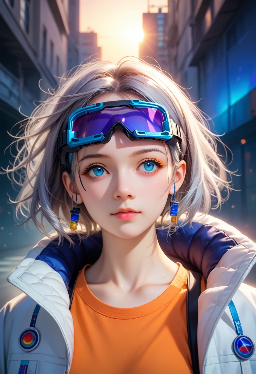 9, score_8_up,score_7_up, masterpiece, best quality, perfect anatomy, very aesthetic, official art, 8k,masterpiece, better image quality, Extreme brightness, Anime girl with curly tail, small figure, white functional coat, small, blue purple gradient ski goggles, cyberpunk, gray hair, natural casual style, dynamic position, Golden ratio, large aperture portrait, cool tones, Strong visual impact, empty space, contrast of light and shadow, SUPER TEXTURE, Sunset afterglow, Super clear image, simple picture,