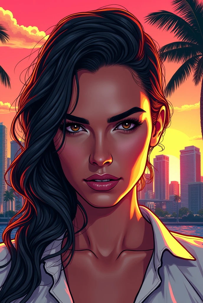 Dessin contour trait epais visage femme style gta brune fond ville miami coucher soleil