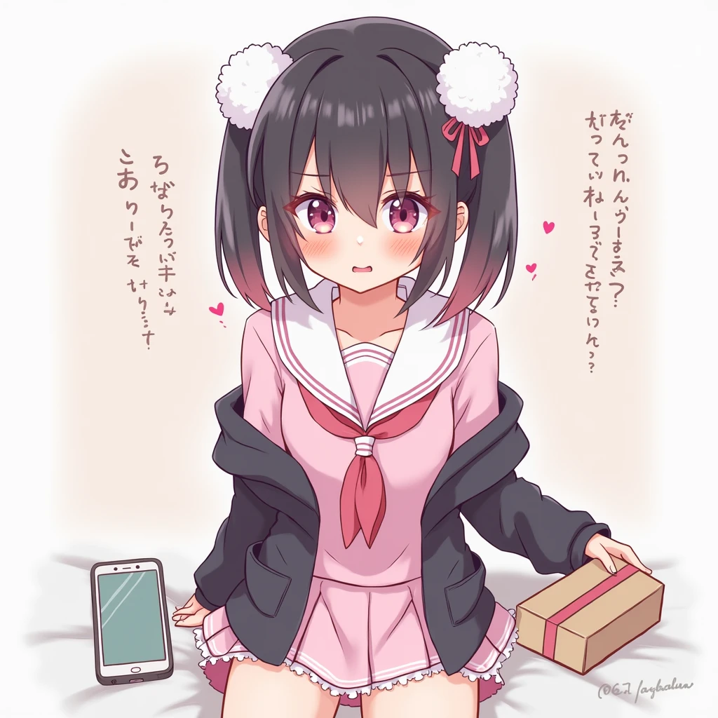 One person, Black Hair,Pink inner color,Half Twin Tail, bangs,Pink Eyes, Droopy eyes,Hearts in eyes, White fluffy hair accessory,Pink hair ribbon, An illustration,skirt,Frills,Mine system,smartphone,Pink Sailor Suit,Dark cardigan,Drooping eyes,Confused eyes,Worried brow,Yandere,Simple background,smartphone,delivery,Illness,high school student,重めパッツンbangs