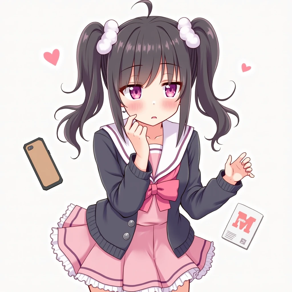 One person, Black Hair,Pink inner color,Half Twin Tail, bangs,Pink Eyes, Droopy eyes,Hearts in eyes, White fluffy hair accessory,Pink hair ribbon, An illustration,skirt,Frills,Mine system,smartphone,Pink Sailor Suit,Dark cardigan,Drooping eyes,Confused eyes,Worried brow,Yandere,Simple background,smartphone,delivery,Illness,high school student,重めパッツンbangs