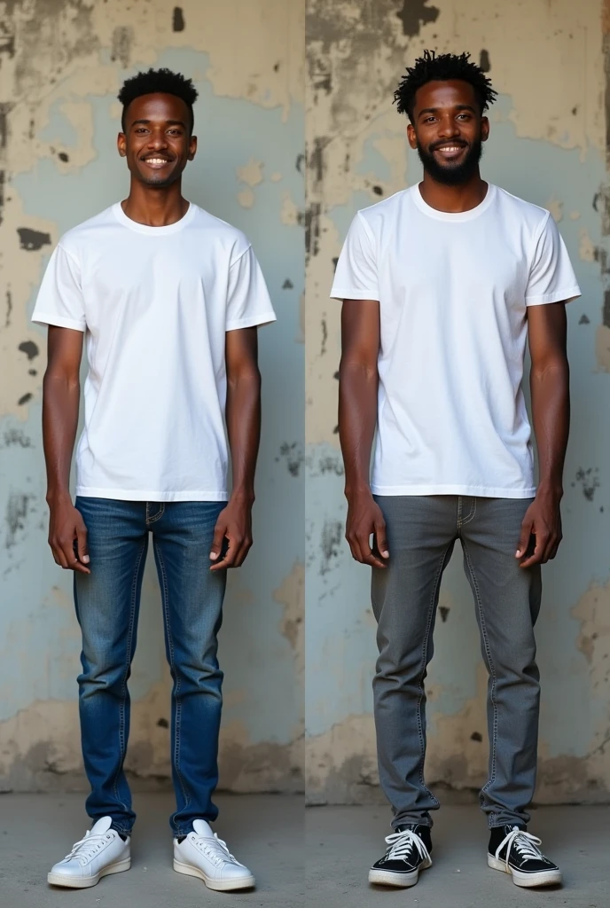 Create a split-image of the same light skinned 21 years old Ethiopian man shown side by side against a messed up wall as a background to illustrate a before and after transformation. In the 'before' image on the left, depict the man as shorter and wearing a plain white T-shirt and jeans. In the 'after' image on the right, show the same man taller, with no change in physique, wearing the same white T-shirt but with casual pants instead. Both images should have the man smiling and looking directly at the camera, with a noticeable difference in height and little difference on presence. The background should be the same for both pictures and minimalist with natural lighting, highlighting the transformation. Make the picture realistic