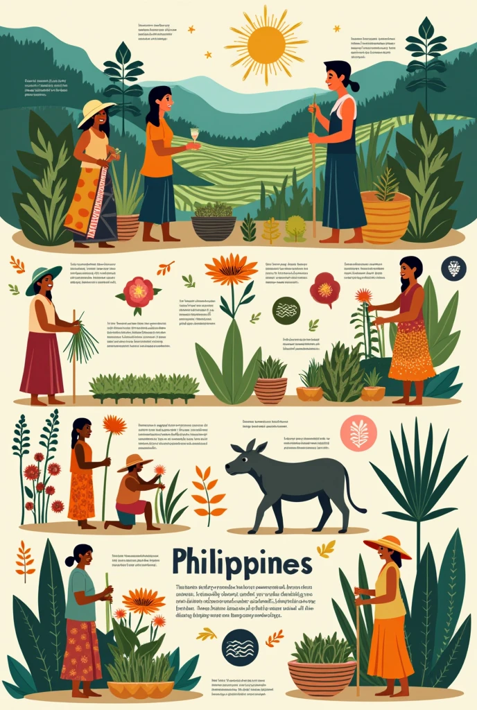 Create an infographic layout that has enough space for ample of text (text boxes) yet has colorful designs incorporating or relating to agriculture and culture of different people from indigenous/ethnic groups of the Philippines (portrait mode). Make sure the illustration is 2D and very neat. 