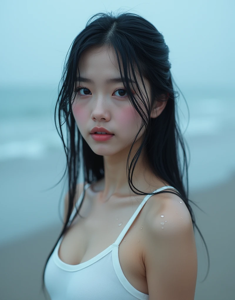 Top quality, one beautiful japanese woman, gold color hair , big eyes , A photorealistic image of a young woman with long wet black hair and soft, radiant skin, standing on a beach during a misty morning. she wearing white tanktop with water droplets on her skin, big eyes, black eye,shighlighting her delicate features. Her deep eyes and subtle makeup enhance her natural beauty, complemented by the serene, soft blue background of the sea and sky. The atmosphere is tranquil and slightly moody.