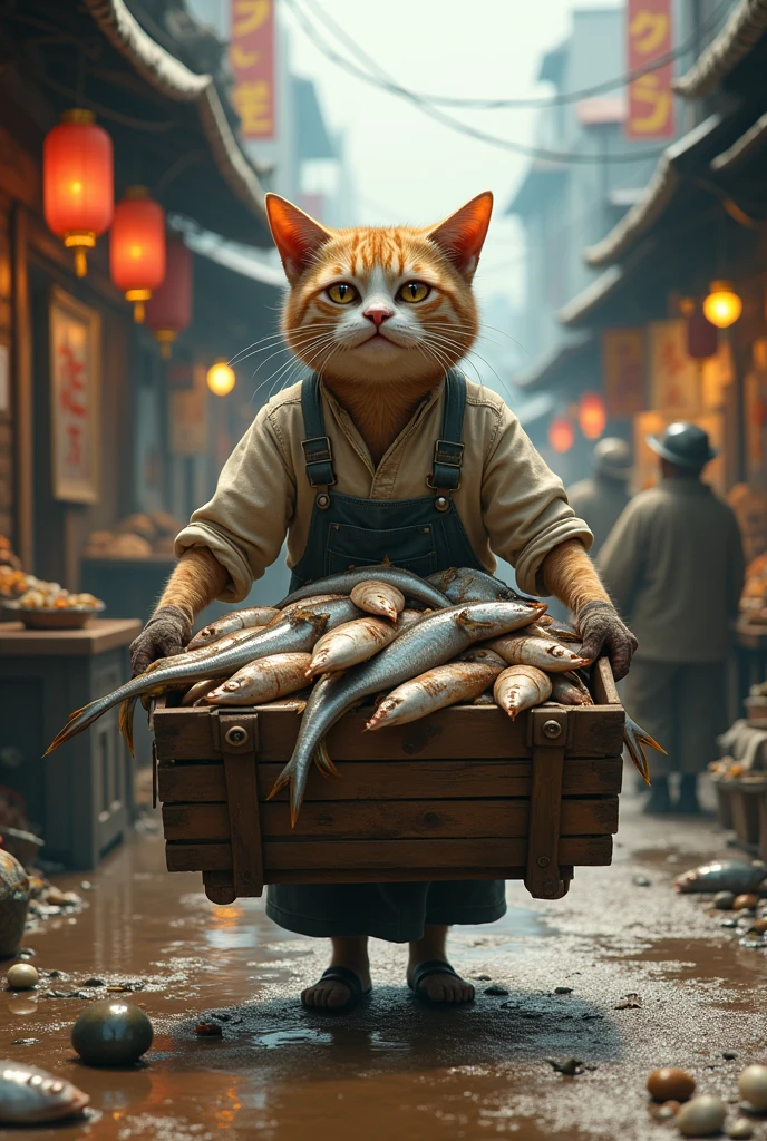 Scene 2: The Dedicated Father cat worked long hours at the fish market, where he was known for his diligence. the work was exhausting
The father cat wearing dirty dress and "moving a van from the market"