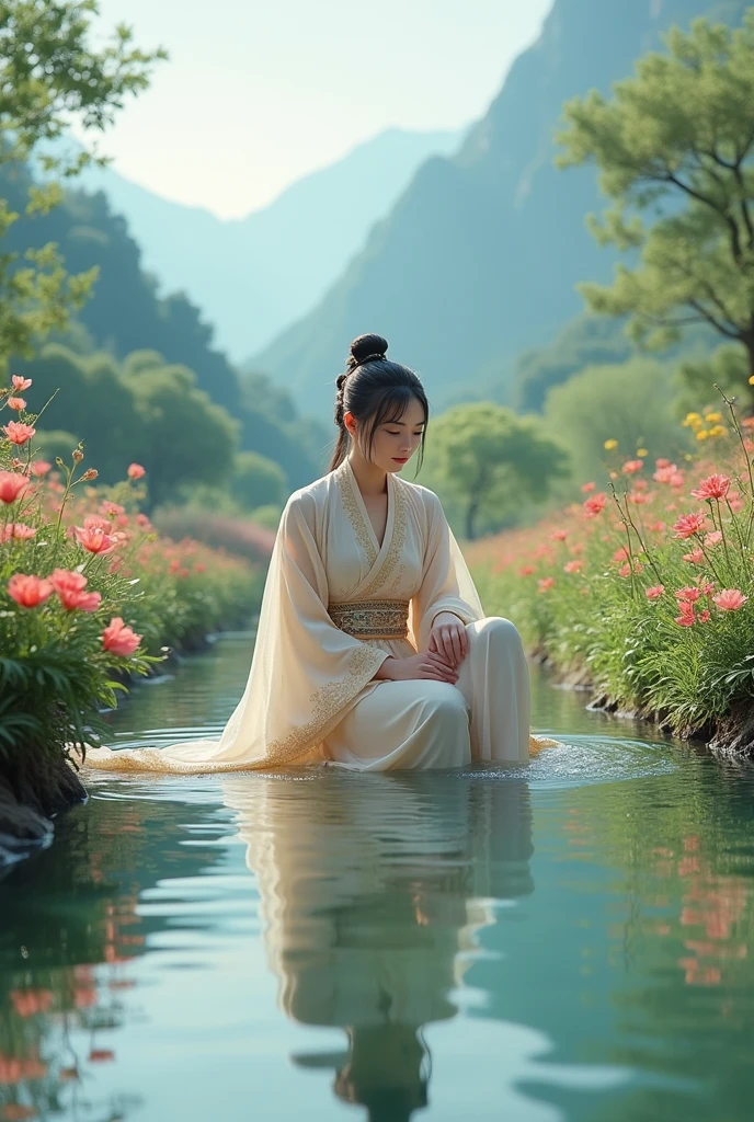 Hanfu, 1 girl, Medium bust, rift, mountain, soaking foot, sit, Chinese park background,white thighs,Clear water,(foot:1.3), Too many flowers,  