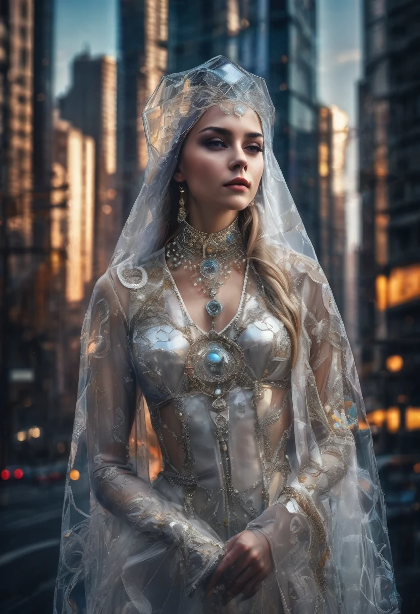 4D double exposure: Portrait of ((Transparent Slavic goddess with double exposure of futuristic city streets in head)), In the background the city in Renaissance costume, Oil painting, 3/4 Profile view, beautiful pearl necklace, luxurious fabrics, detailed embroidery, Atmospheric light-dark lighting, High resolution