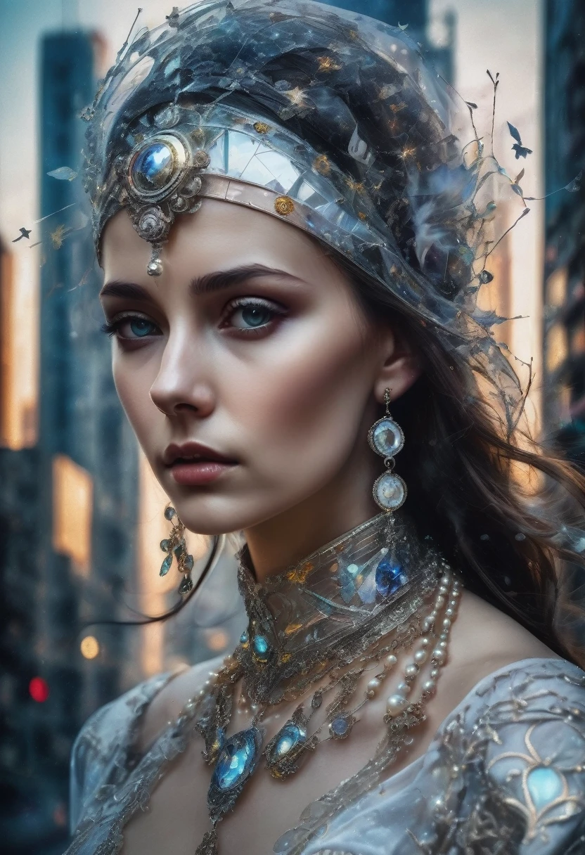 4D double exposure: Portrait of ((Transparent Slavic goddess with double exposure of futuristic city streets in head)), In the background the city in Renaissance costume, Oil painting, 3/4 Profile view, beautiful pearl necklace, luxurious fabrics, detailed embroidery, Atmospheric light-dark lighting, High resolution