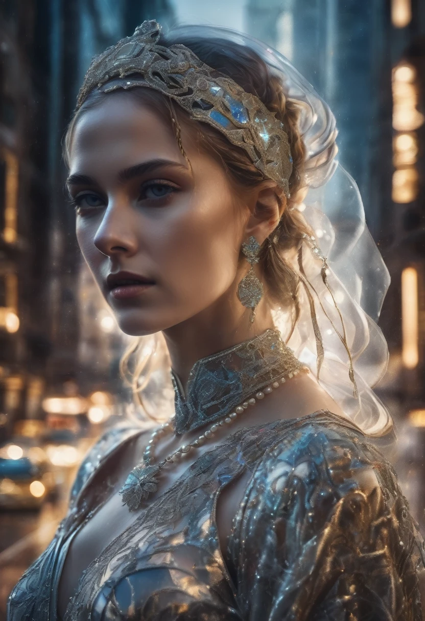 4D double exposure: Portrait of ((Transparent Slavic goddess with double exposure of futuristic city streets in head)), In the background the city in Renaissance costume, Oil painting, 3/4 Profile view, beautiful pearl necklace, luxurious fabrics, detailed embroidery, Atmospheric light-dark lighting, High resolution