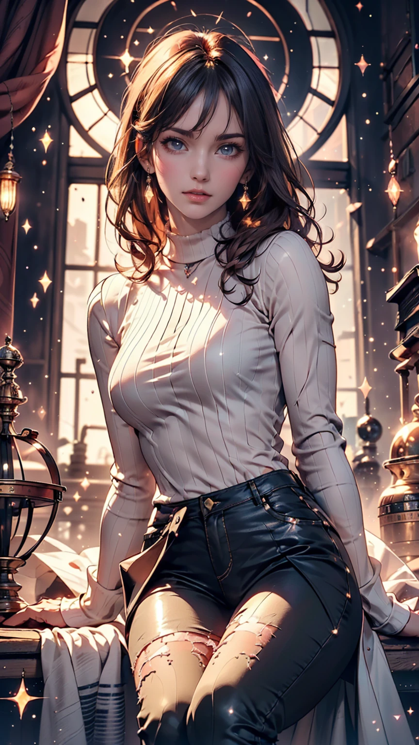 Mysterious atmosphere, Atmospheric, Ethereal quality,Realistic,beautifully、aesthetic,, alone,between legs,Pink turtleneck, Brown pants,(Browsing Caution:0.85),, democracy,, Power plant,, (Sparkling atmosphere, Enchanting Sparkle, Bright lighting, Ethereal atmosphere, Enchanting Sparkle, Exciting colors, Captivating colors, Dramatic lighting, Captivating aura),