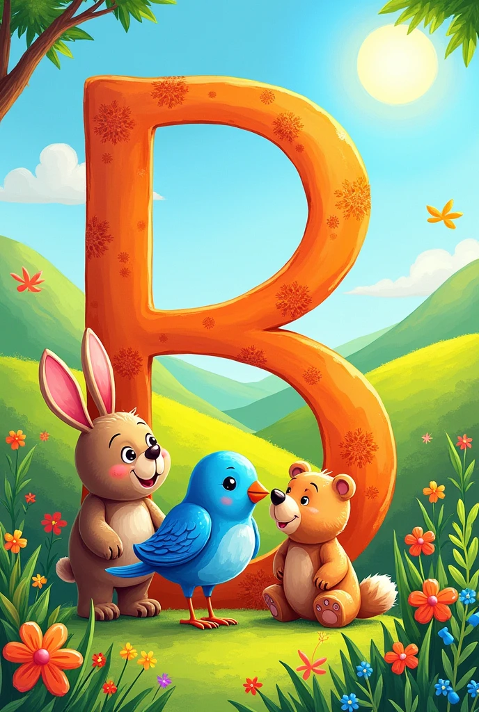 Make me a kids color book with 3 images in one page. The images need to start letter b