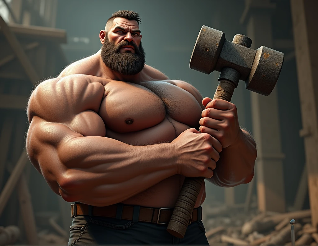strong looking man holding hammer realistic