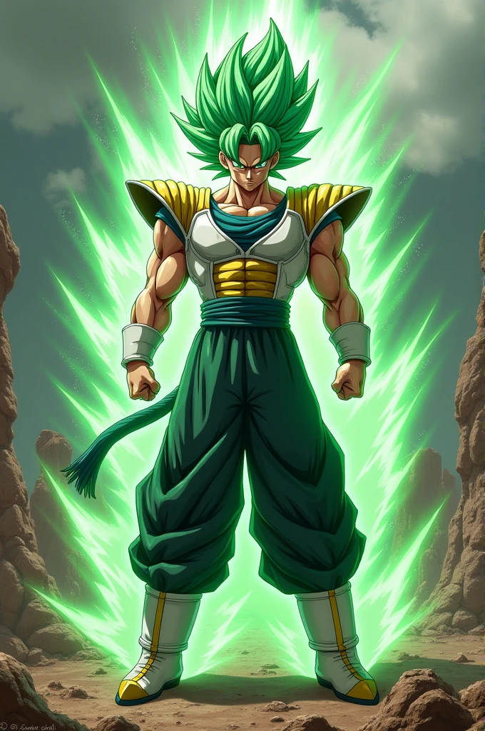 Make a character of another Saiyan who can transform into Legendary Super Saiyan, green hair, hypothetically (son of Vegeta)