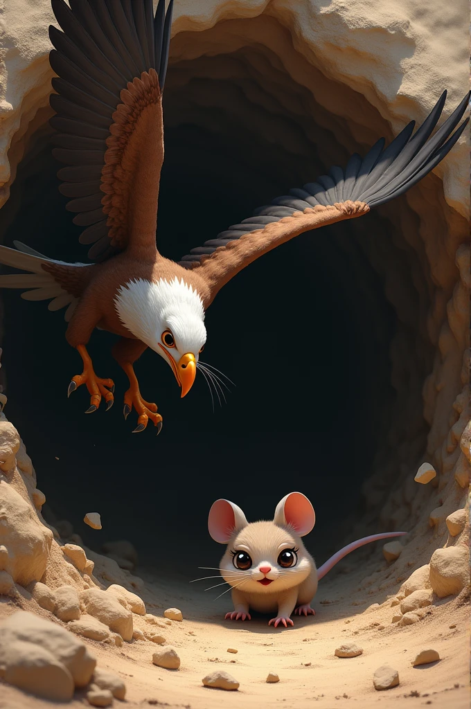 The mouse quickly darts into a small burrow, just as the eagle swoops down. The entrance of the burrow is surrounded by dirt and small stones, with the mouse peeking out cautiously. The eagle's talons are extended, but the mouse is safely out of reach.