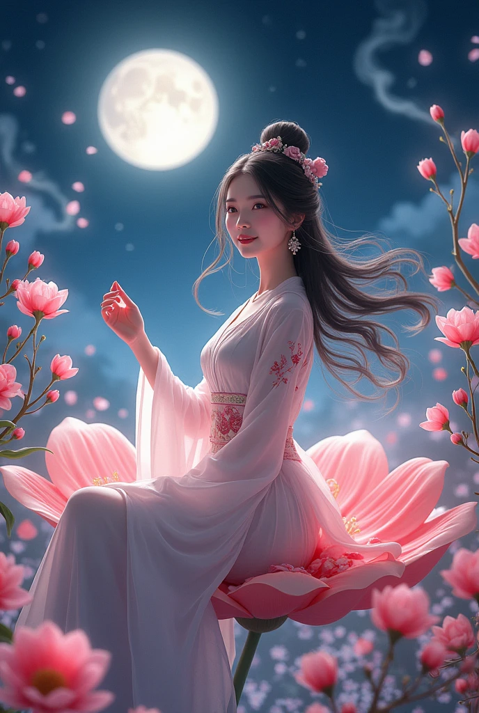 (Cute girl design:1.0125),(drawing,Outline,:1.3401), (best quality), (Masterpiece), Dancing is highly detailed, Exquisite rendering, illustration, (height), manuscript, nighttime_sky, (turn off_on:1.2), (turn off shot), (a young woman:1.3) is (sitting on flower) ,notebook [[Smiling softly]], (darling_grizzly hair), a lot_long_hair,black, smoke, (Beautifully detailed eyes), (conjunctivitis), floating ribbon, (peach blossom), flowers, (flower) ,  on flower, Floating Petals, [[full moon]] Hanfu series