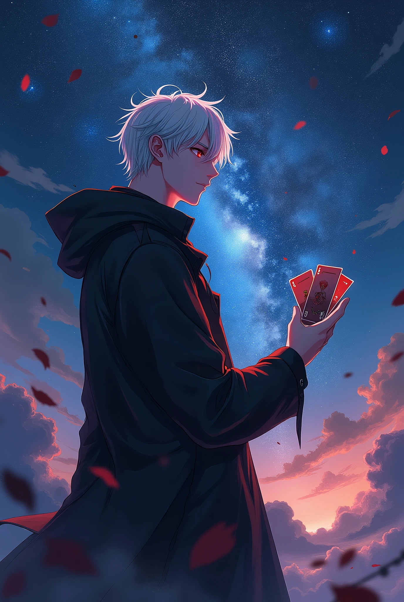 A man with white hair and red eyes wearing a black windbreaker looking up at the starry night sky,Playing with a stack of playing cards,Anime style,Highly detailed,Film Lighting,dramatic,(Best quality,4K,8k,high resolution,masterpiece:1.25),Ultra Detailed,(lifelike,Photoreal,Photoreal:1.37),dramatic的灯光,Moody atmosphere,Dynamic composition,Intricate details,Vibrant colors,Whimsical fantasies,Surrealist elements,Magical Realism