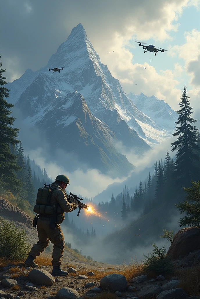 Landscape painting of mountain ranges with dense forest with soldier blasting a bunker. Sky is covered in clouds and three drones are flying in the sky