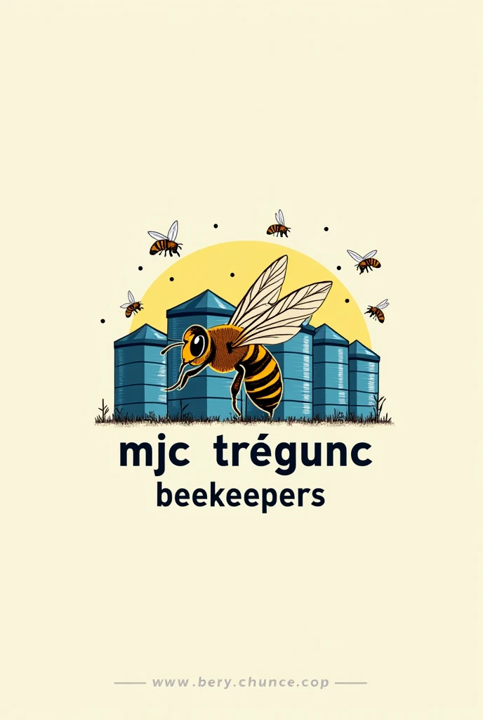 Logo with writing: MJC Trégunc beekeepers. 

A beautiful bee and flying bees In the background blue hives 
