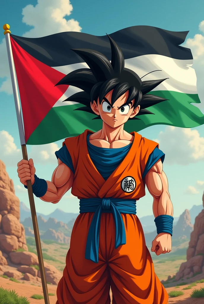 Create a high quality image named of Gohan holding his hand Palestine Flags🇵🇸