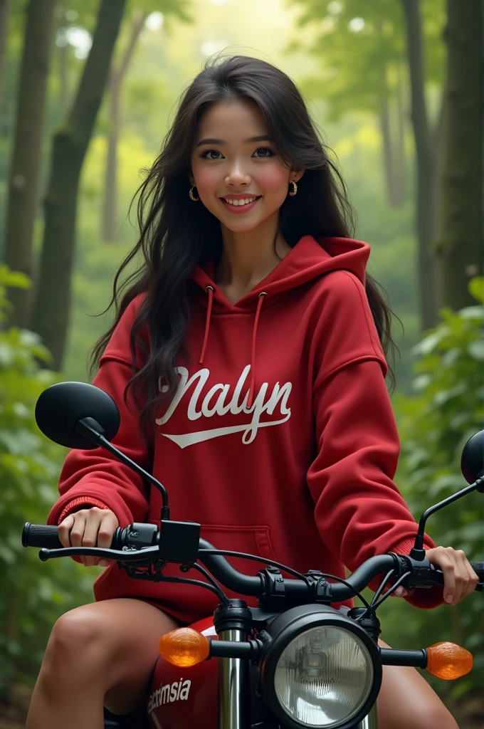Real one pinay women beautiful with hoodies red printed name "nalyn" with shoes pants riding in motor in forest