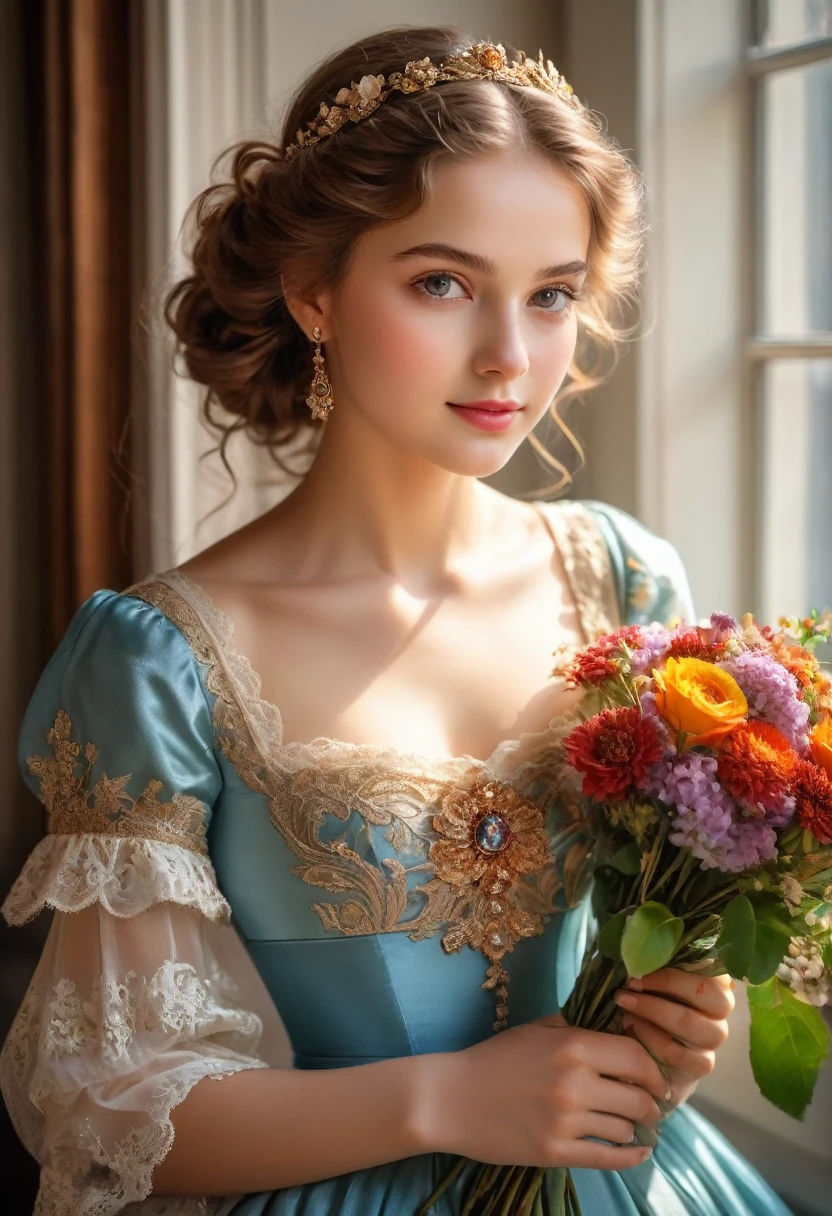 Portrait of a beautiful German girl in Munich, 19th century: Oil painting of beautiful and delicate eyes, Beautiful and delicate lips, Extremely detailed eyes and face, Long eyelashes,maroon curly hair, With delicate flower hair accessories,Wearing an elegant and luxurious dress in bright colors, Decorated with delicate lace and embroidery,Slender fingers holding a bouquet of flowers,Skin is soft and radiant, Healthy complexion,Eyes reveal the innocence and curiosity of youth,Beautiful figure,Gentle smile, Bright sunlight shines through the window, Exudes timeless charm, A warm glow shone on her face,Perfect attention to light and shadow, Emphasize a girl'Show the natural beauty of girls to the fullest,The colors are rich and vivid, Capturing the elegance and grandeur of 19th century Munich,Delicate brushwork and exquisite details, Showing Artists'Craftsmanship and mastery of the medium
(masterpiece:1.2), Extremely detailed, (Reality:1.37), HDR, Ultra HD, Professional portrait style, Reminiscent of the masters of that era,The overall atmosphere is warm and pleasant, Takes audiences back to a bygone era