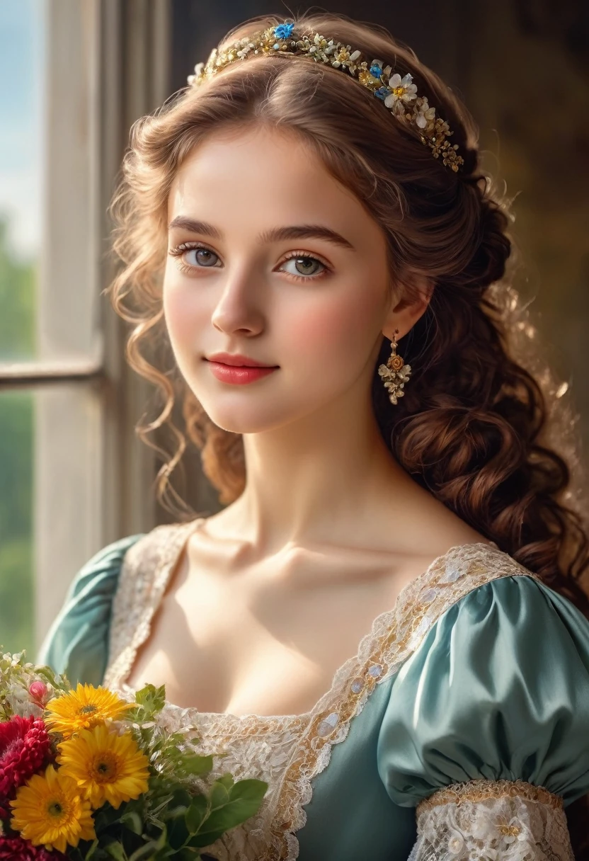 Portrait of a beautiful German girl in Munich, 19th century: Oil painting of beautiful and delicate eyes, Beautiful and delicate lips, Extremely detailed eyes and face, Long eyelashes,maroon curly hair, With delicate flower hair accessories,Wearing an elegant and luxurious dress in bright colors, Decorated with delicate lace and embroidery,Slender fingers holding a bouquet of flowers,Skin is soft and radiant, Healthy complexion,Eyes reveal the innocence and curiosity of youth,Beautiful figure,Gentle smile, Bright sunlight shines through the window, Exudes timeless charm, A warm glow shone on her face,Perfect attention to light and shadow, Emphasize a girl'Show the natural beauty of girls to the fullest,The colors are rich and vivid, Capturing the elegance and grandeur of 19th century Munich,Delicate brushwork and exquisite details, Showing Artists'Craftsmanship and mastery of the medium
(masterpiece:1.2), Extremely detailed, (Reality:1.37), HDR, Ultra HD, Professional portrait style, Reminiscent of the masters of that era,The overall atmosphere is warm and pleasant, Takes audiences back to a bygone era