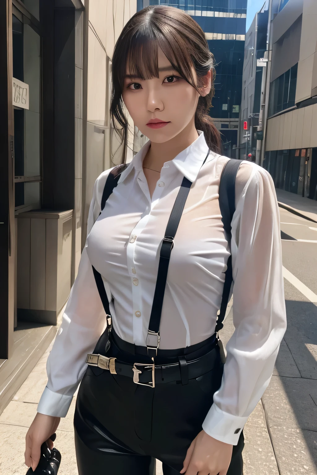 a woman in a suit, belt, hands behind back, sweating, suspenders, black pants, sexly, large breasts, see-through clothing, rain, detective, office worker, white button-up shirt, (best quality,4K,8k,highres,masterpiece:1.2),ultra-detailed,(realistic,photorealistic,photo-realistic:1.37),hyper-detailed,highly detailed face and body, Slender thin suspenders Moderate breasts See-through shirt Nipples holster chain Pistol Armament criminal Female criminal knife