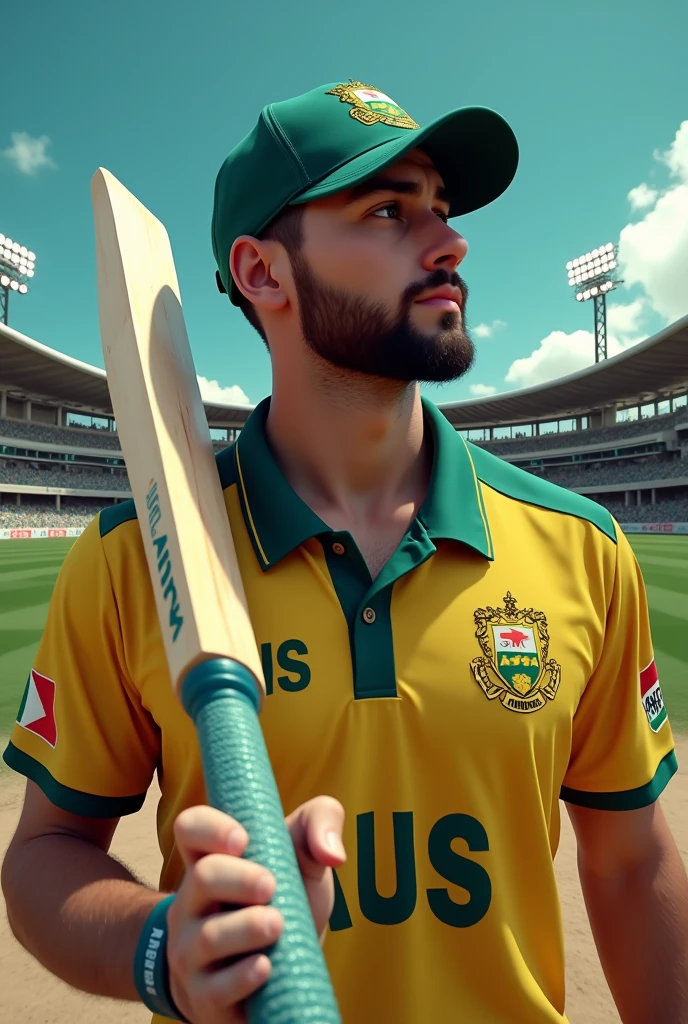 Give me a jersey number of 19，Cricket player with AUS on his jersey, Front panoramic lens, A hand holding a cricket bat drop shadow, anaglyph, stereogram, tachi-e, ass pov, atmospheric perspective, 8k, super detail, best quality