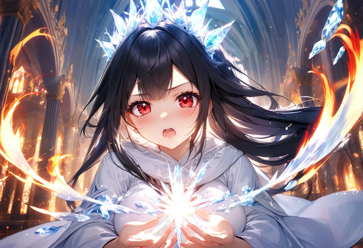panoramic, (Archmage style) (double exposure;1.3 magic Chant), (right hand holding beautiful flame) and ((lert hand holding beautiful Ice crystals)), (solo:2, 18 yo) (beautiful detailed hime-cut:1.4) (beautiful black hair very long hair) (immensely beautiful princess sadist girl) (beautiful cool red eyes), (rage face), (glossy lip), (big tits), in a beautiful detailed red, beautiful cool magic robe, break, in The enchanted Royal Hall of the enchanted Royal Palace, background ice crystals:1.2 with double exposure beauty flame:1.2, BREAK, perfect anatomy, masterpiece, best quality, 16k, beautiful detailed magic, daydreaming expression.