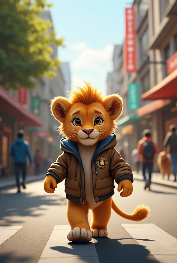 Lion cub wearing a National Institute of Technology jacket,Walking on the streets,