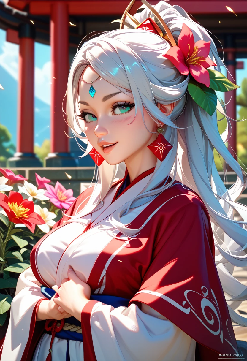 4K、High definition、Holy Maiden、Shrine maiden、With many flowers blooming、Chestnut Hair（The center is silver、The tips of the hair turn red）、whole body、Jade Eyes、Dance dedicated to the gods、Votive dance