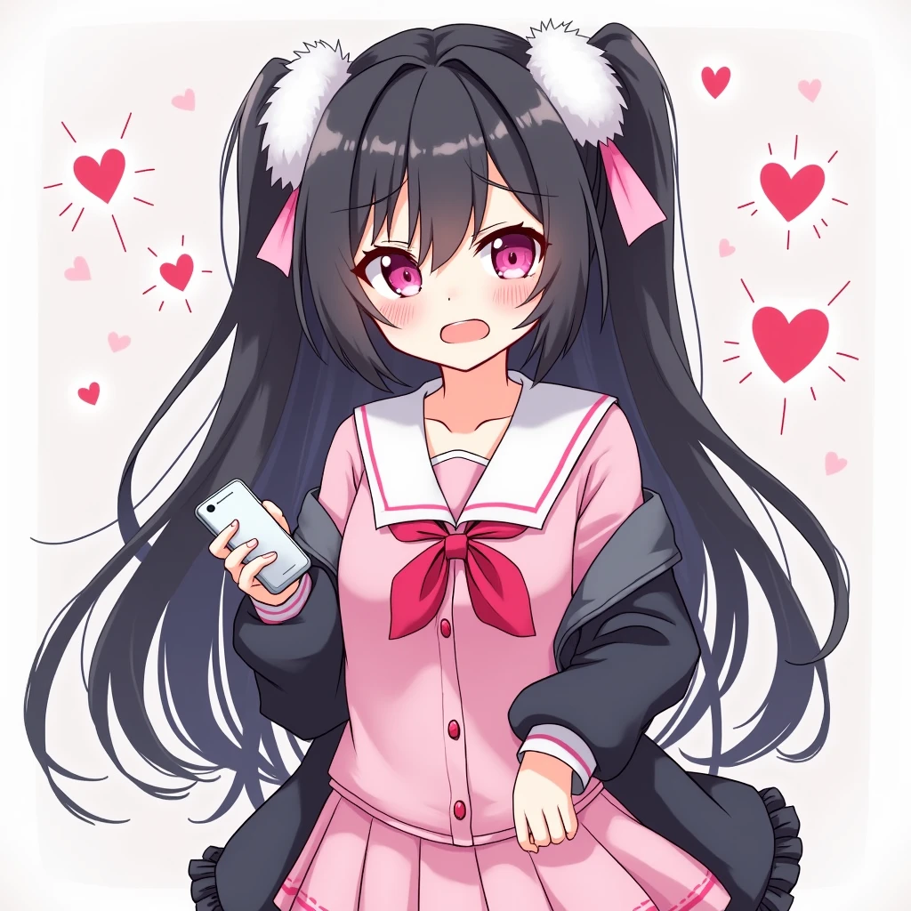 One person, Black Hair,Pink inner color,Half Twin Tail, bangs,Pink Eyes, Droopy eyes,Hearts in eyes, White fluffy hair accessory,Pink hair ribbon, An illustration,skirt,Frills,Mine system,smartphone,Pink Sailor Suit,Dark cardigan,Drooping eyes,Confused eyes,Worried brow,Yandere,Simple background,smartphone,delivery,Illness,high school student,重めパッツンbangs,Half Twin Tail
