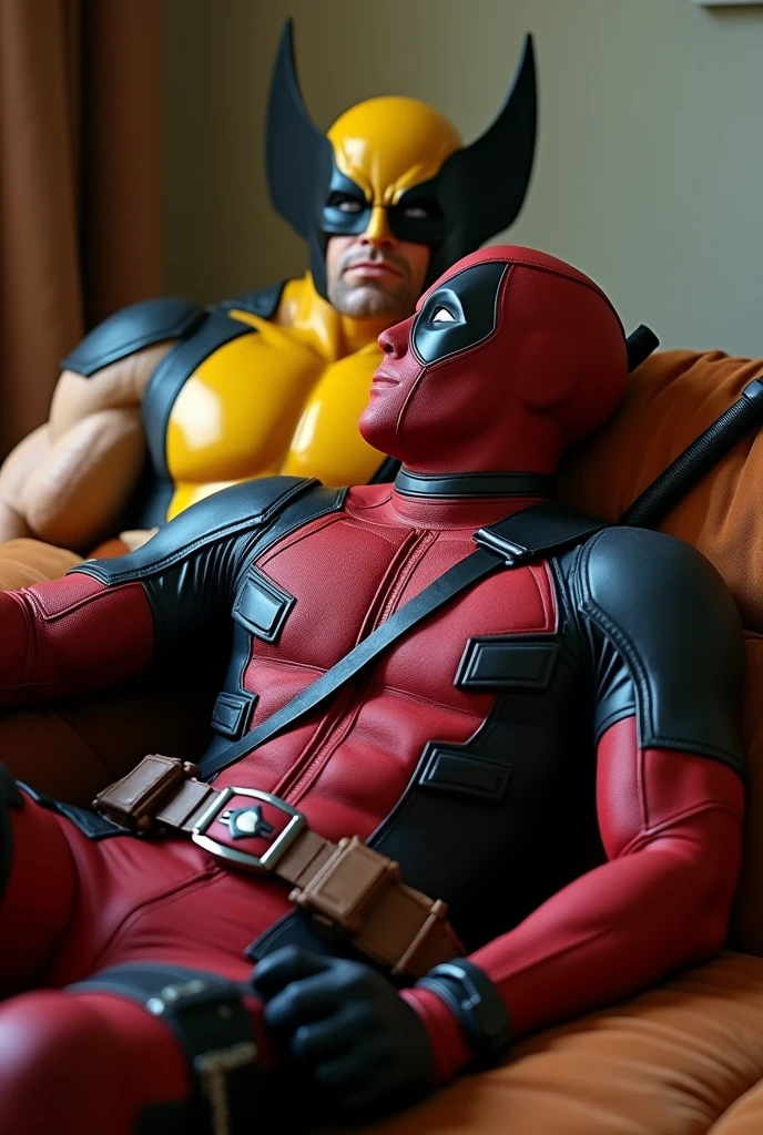 Deadpool is lying on the sofa and sticking his big dick out in front of wrlverine