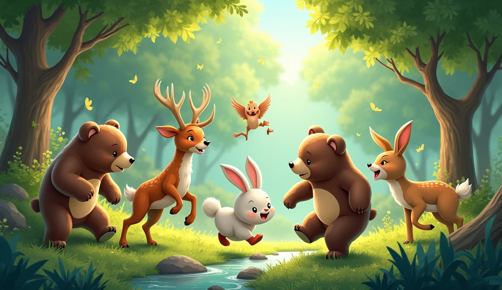All the animals are playing with each other, with a beautiful forest scene in the background.