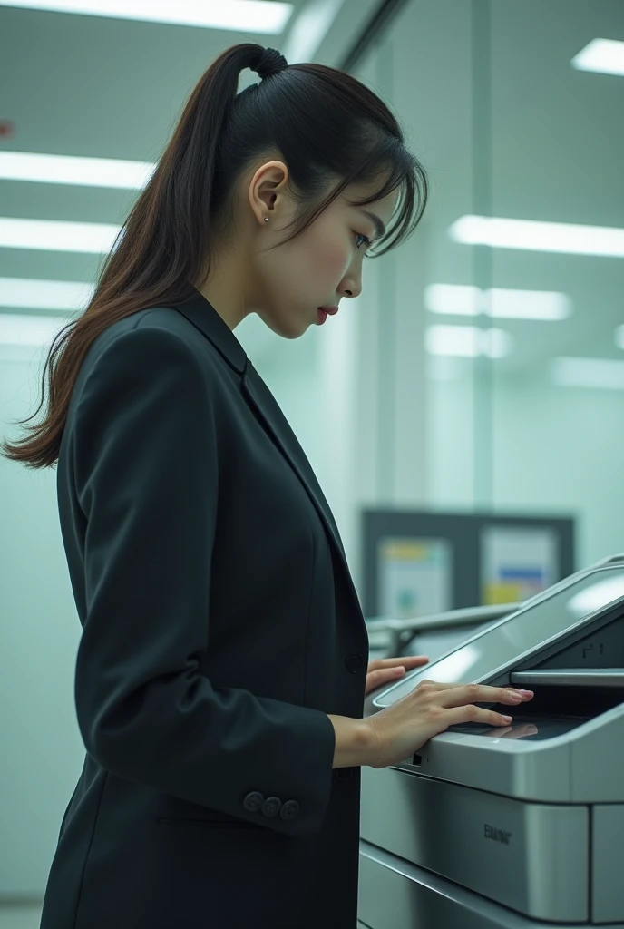 A determined Asian woman in a business suit, pressing her body against a sleek, modern copy machine. She stares intently at the machine, as if willing her image to appear.