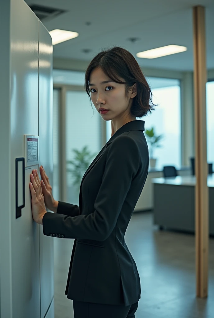 A determined Asian woman in a business suit, pressing her body against a sleek, modern copy machine. She stares intently at the machine, as if willing her image to appear.