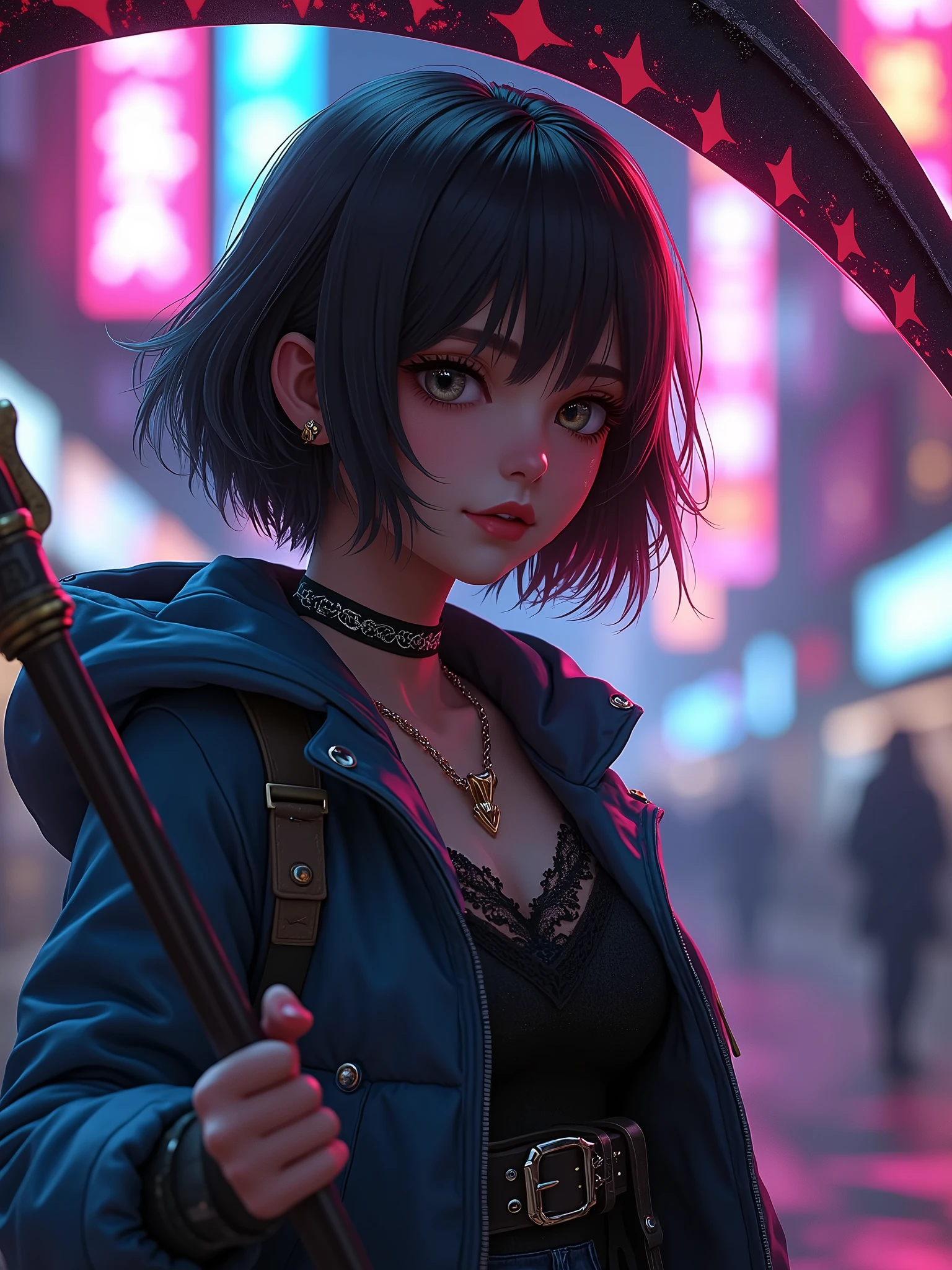 A reaper girl, 23 years old, carrying a scythe,brown short hair, 8k, highest quality, fantasy, vibrant colors, futuristic, brown skin, beautiful casual clothes, neon color, night vision