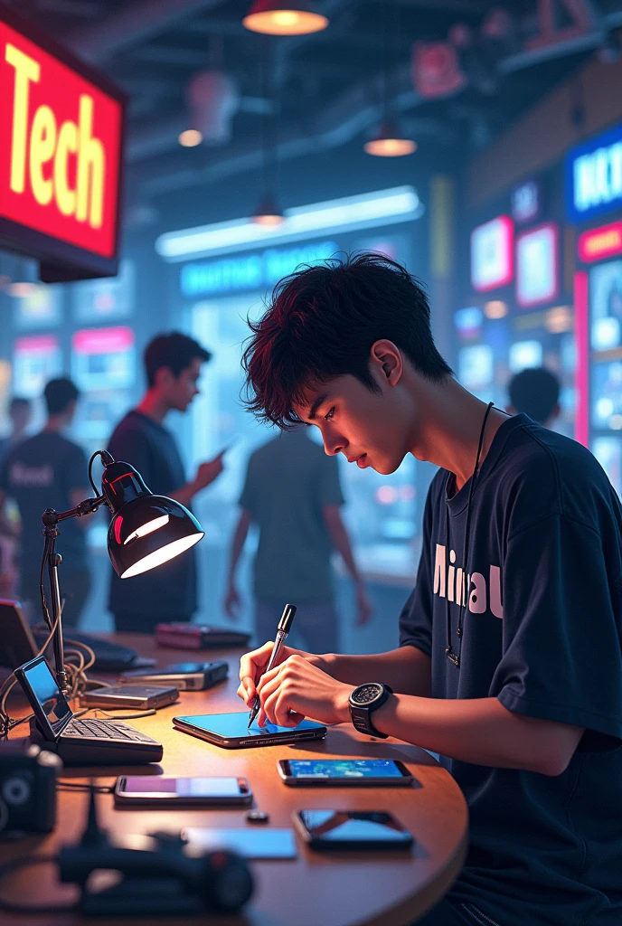 Imagine a bustling scene inside your shop, "Future Tech." Mobile shop name bigg display The boy wearing the "Minnal" T-shirt is focused on repairing a mobile phone, using tools on a well-lit workbench. Around him, a few customers are standing, observing his work or browsing the latest gadgets displayed in the shop. The atmosphere is dynamic and busy, highlighting the shop's reputation as a go-to place for tech enthusiasts.