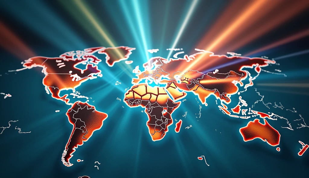 A global map with beams of light radiating from the UK to various parts of the world, representing the spread of the Harry Potter series, with floating book covers of the series.
